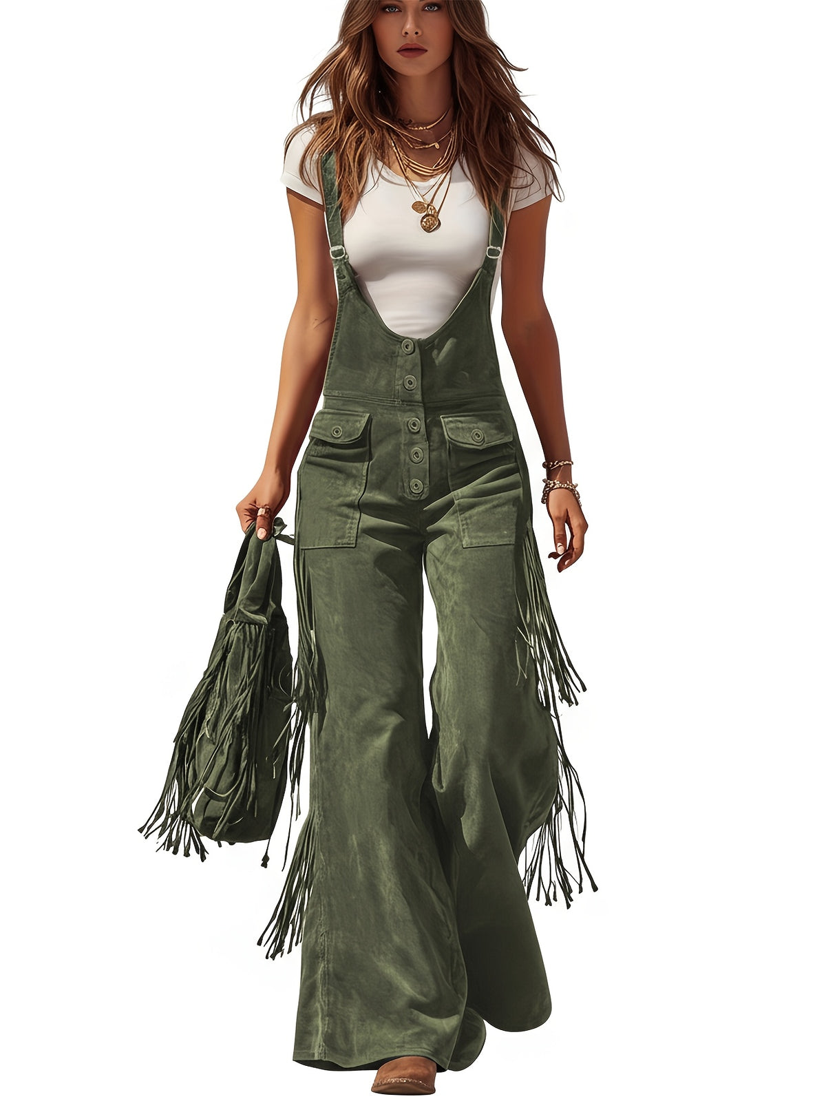 Vintage Fringe Overalls Women Wide Leg Loose Faux Suede Western Boho Festival Country Concert Halloween Costume Outfit