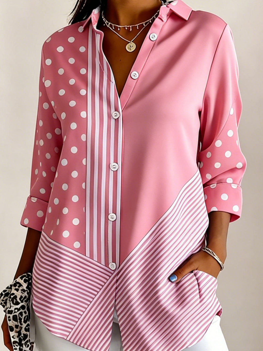 Polka Dot Buttoned Shirt Women Long Sleeve Elegant Pink White Casual Top XXS-XXL