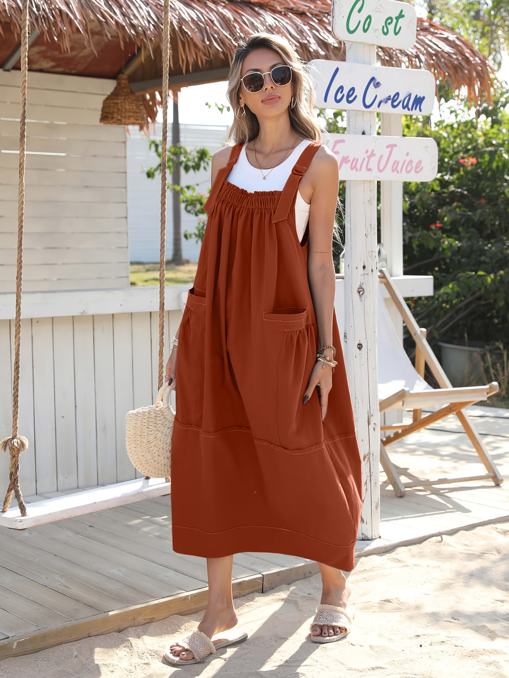 Overall Dress Women Loose Adjustable Strap Midi Length Big Pockets Workwear Casual Bib Jumper Dress Spring Summer S M L XL XXL