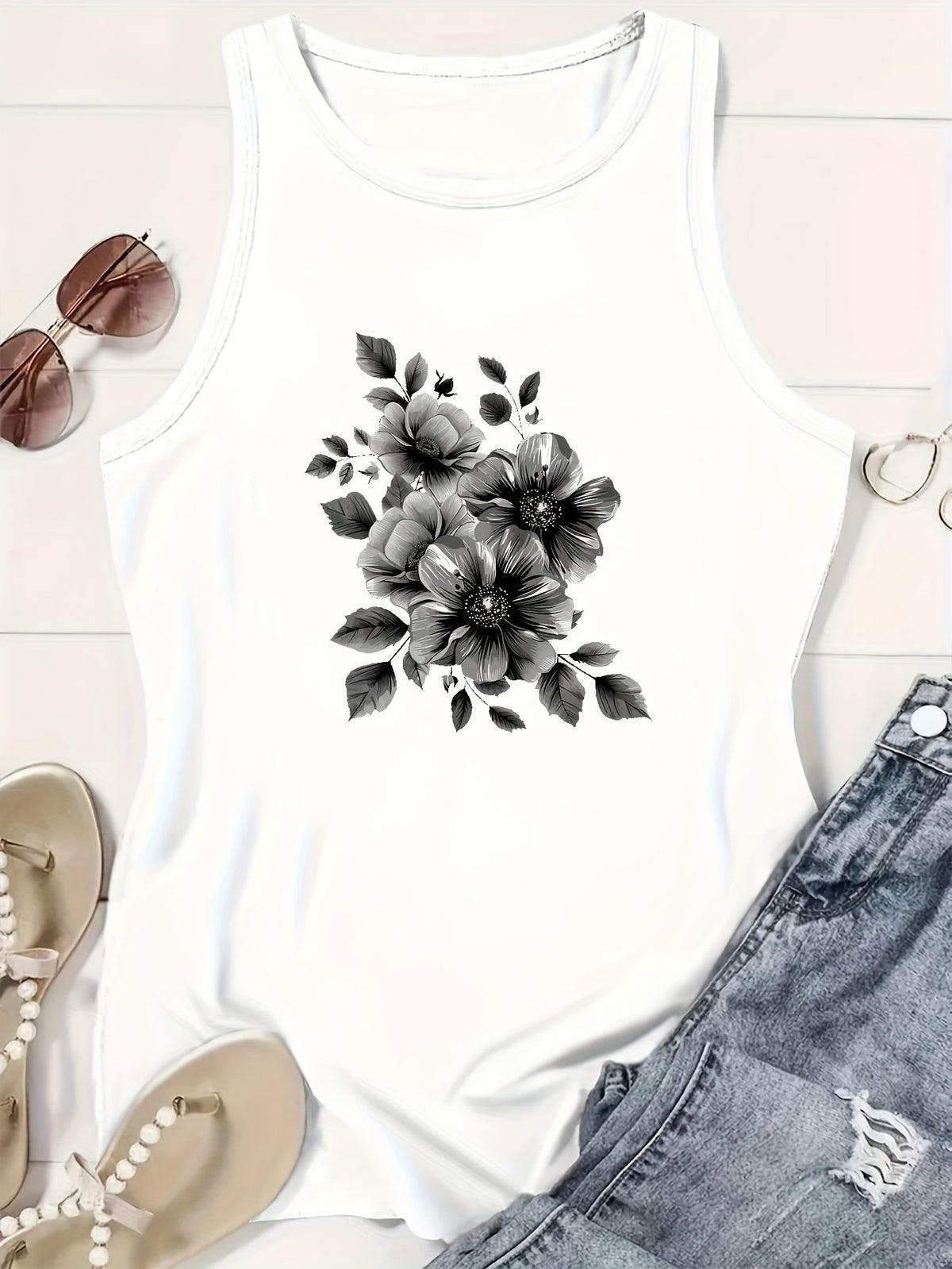 Print Tank Top Women Casual Crew Neck Sleeveless Summer Tee Graphic Top
