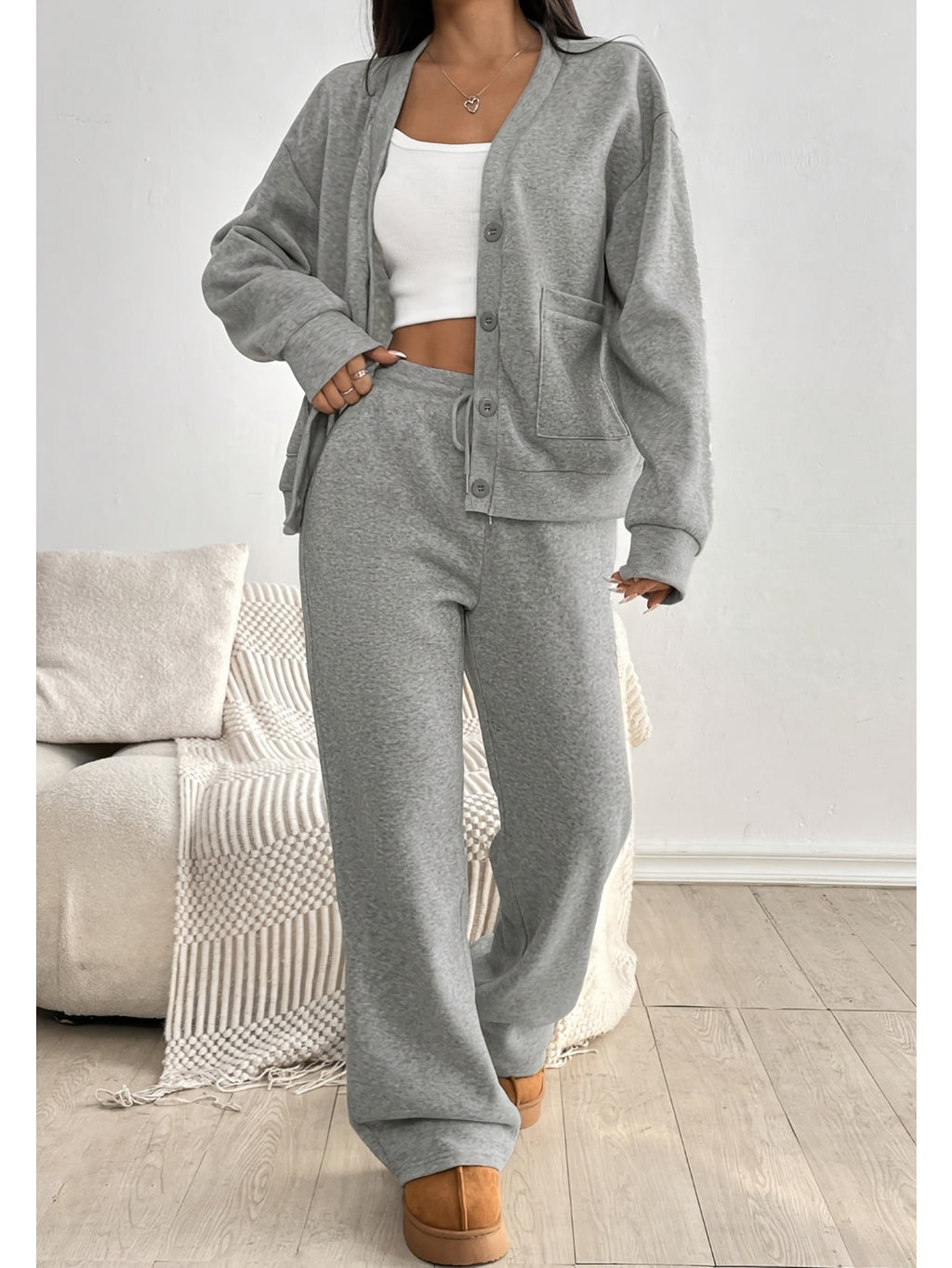 Women's 2-Piece Cardigan Jacket Wide-Leg Sweatpants Set Light Gray Button-Up Casual Loungewear Minimalist Autumn Winter Relaxed Outfit S-XXL