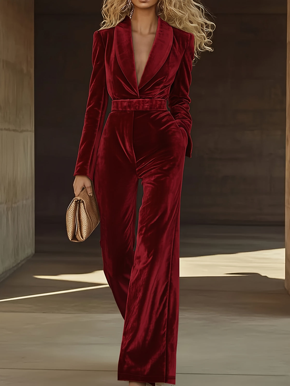Velvet Wide Leg Jumpsuit Women Suit Collar Belt Khaki Elegant One Piece Outfit Daily Wear Party Holiday Fashion