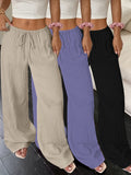 Wide Leg Pants Women 3-Piece Elegant Casual Straight Trousers Elastic Waist Loose Fit Pockets Solid Color All Season
