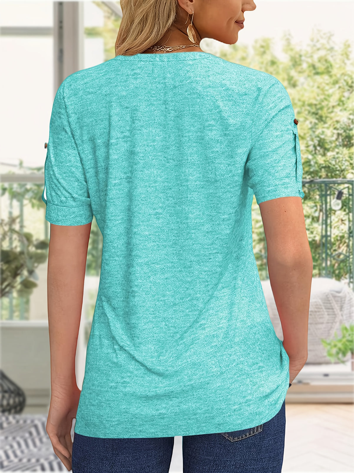 Button Front V-Neck Top Women Pleated Detail Short Sleeve Solid Color Casual Summer Blouse Lightweight Breathable Machine Washable