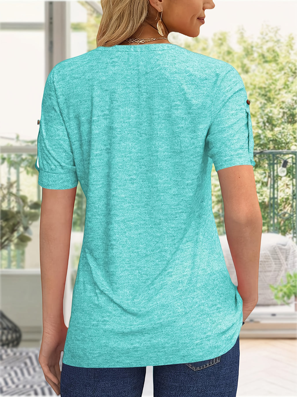 Button Front V-Neck Top Women Pleated Detail Short Sleeve Solid Color Casual Summer Blouse Lightweight Breathable Machine Washable