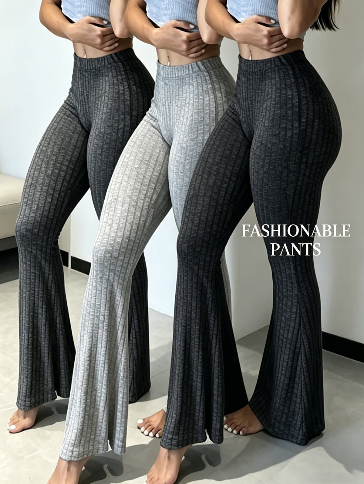 High Waist Flare Leg Pants Women 3-Pack Ribbed Stretchy Bootcut Curvy Black Gray S-XXL
