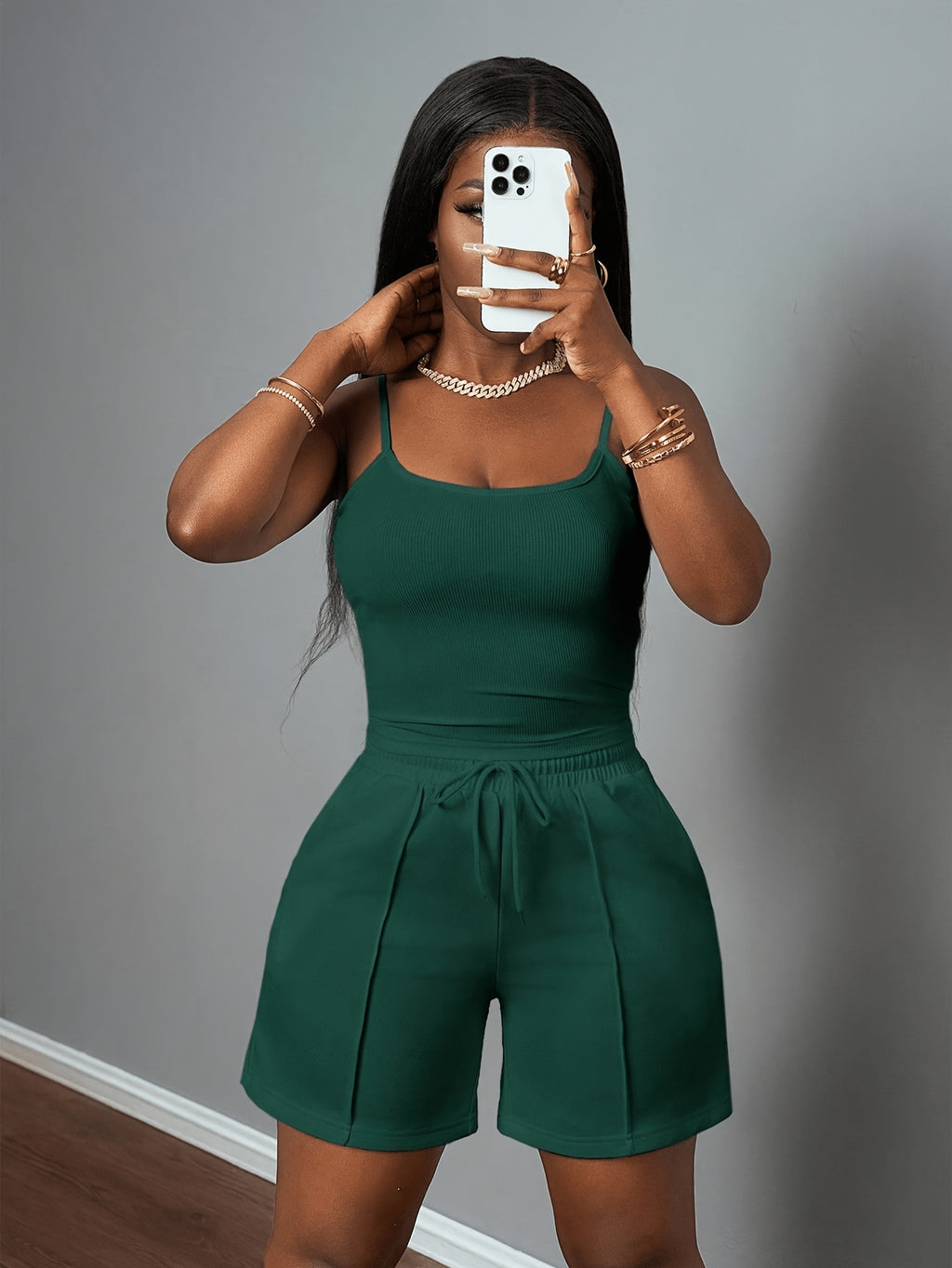 Cami Tank Top Sweat Shorts 2 Piece Set Women Slim Athletic Lounge Outfit Pockets Drawstring Athleisure Daily Wear S-XXL