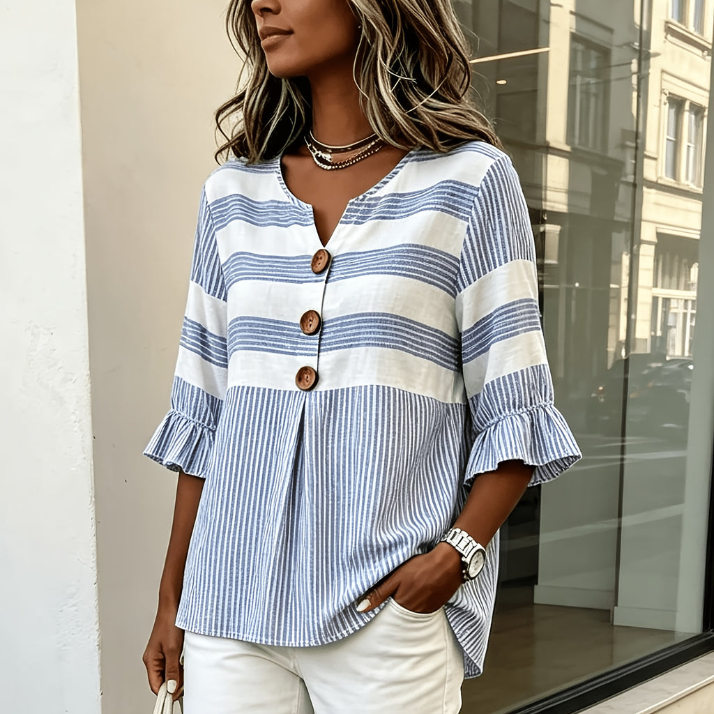 Striped V-Neck Blouse Women Ruffle 3/4 Sleeve Loose Fit Tunic Top Lightweight Linen Button Detail Summer Shirt S-2XL