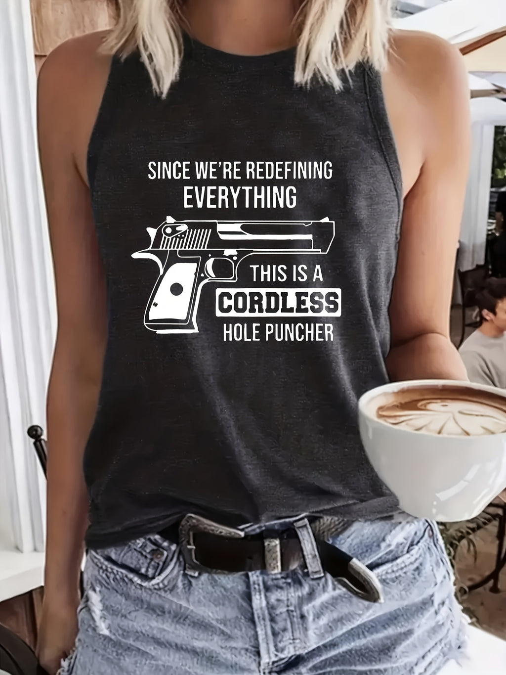 Letter Print Sleeveless Tank Top Women Crew Neck Casual Summer Blouse Medium Stretch Beachwear Layering Spring Fall Machine Wash