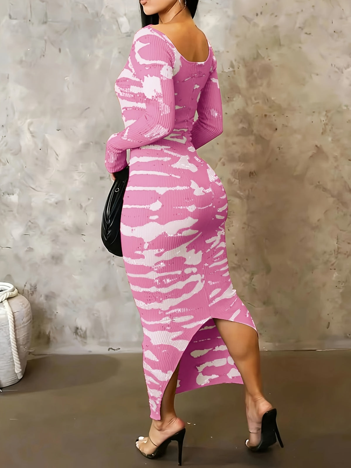 Tie-Dye Bodycon Maxi Dress Women Long Sleeve Ankle Length Contrasting Print Figure-Hugging Sexy Elegant Long Dress