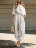 Off-Shoulder Loose Top and Jogger Pants Set Women 2pcs Relaxed Minimalist Lazy Chic Vacation Casual S-XL