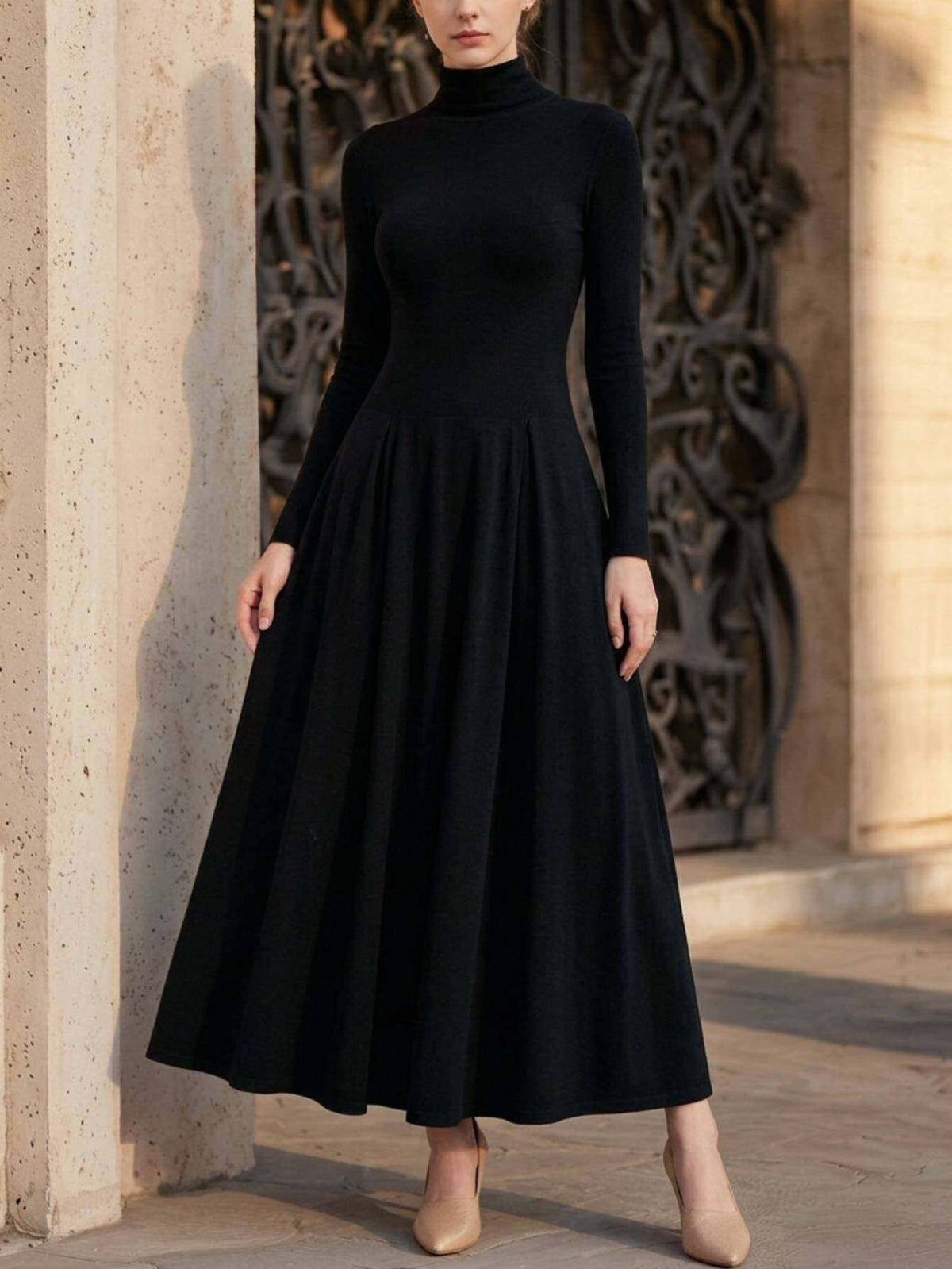 High Neck Long Sleeve Fitted Maxi Dress Women Elegant Black Pleated Hem Office Date Fall Winter Formal Dress Smooth Fit S-XXL