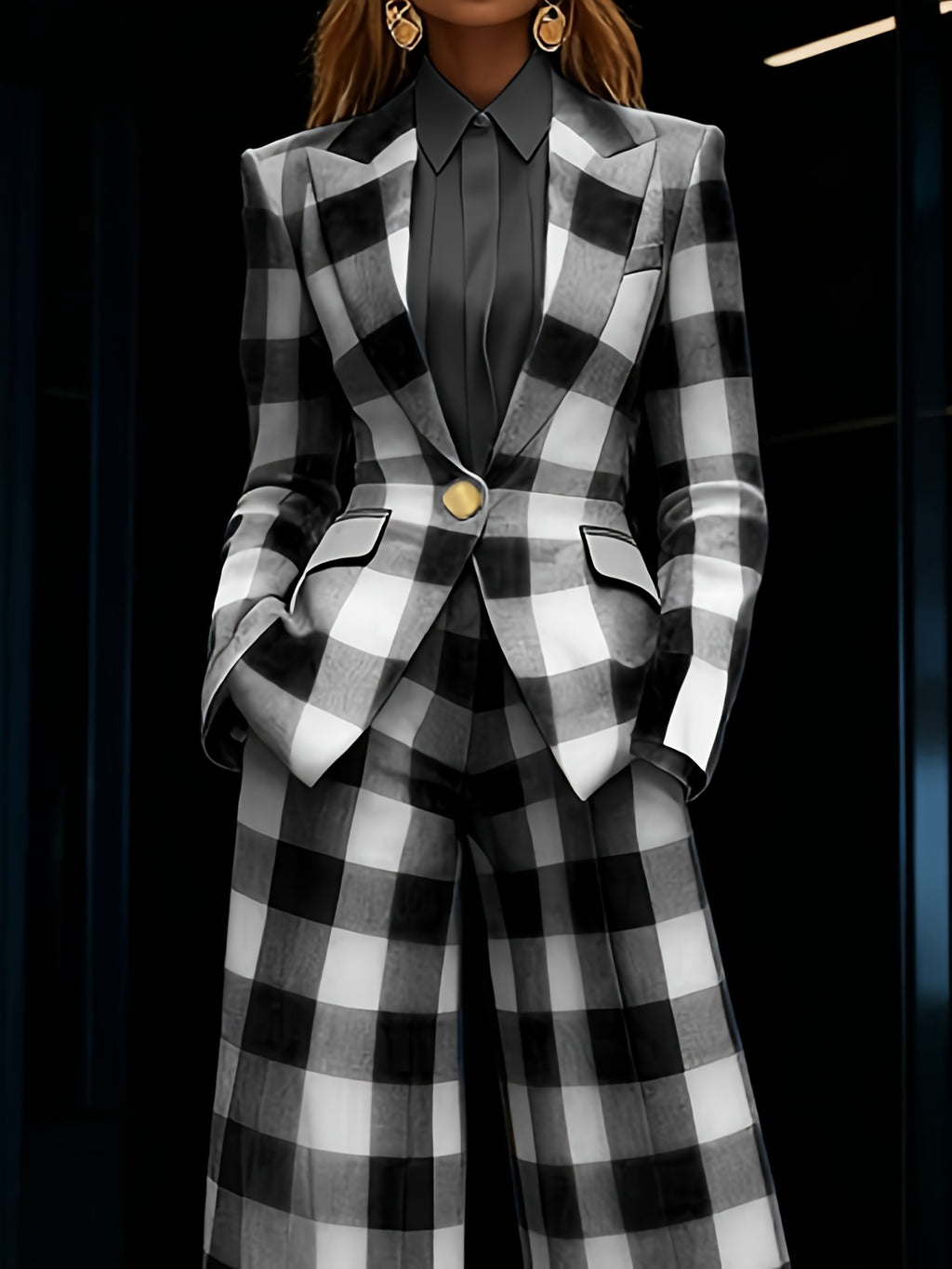 Women's 2pcs Plaid Wide Leg Pants Suit Waist Cinched Slim Fit Professional Blazer Set Workplace Business Casual Outfit