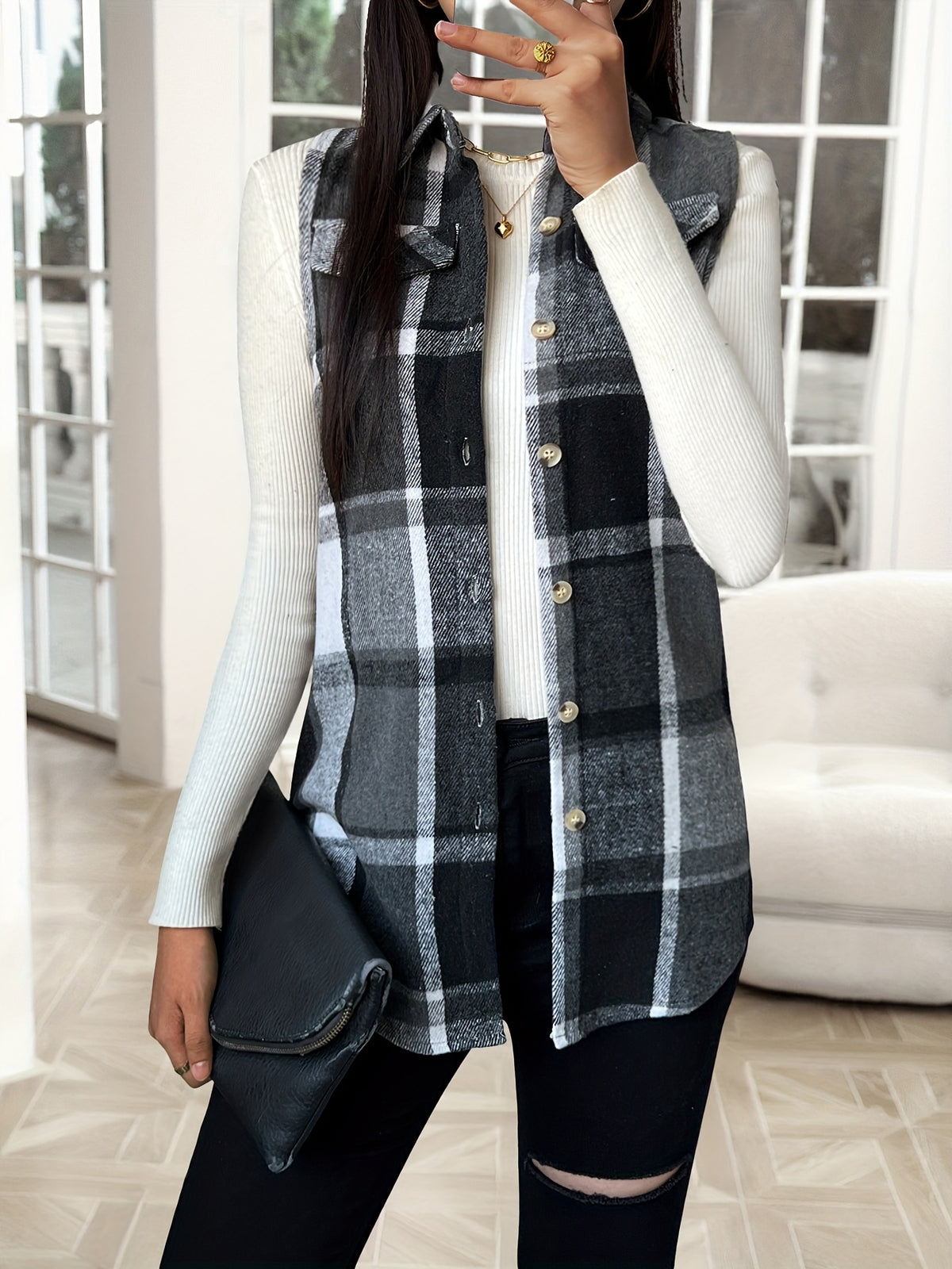 Plaid Lapel Vest Jacket Women Casual Suede Sleeveless Outerwear Fall Winter Layering