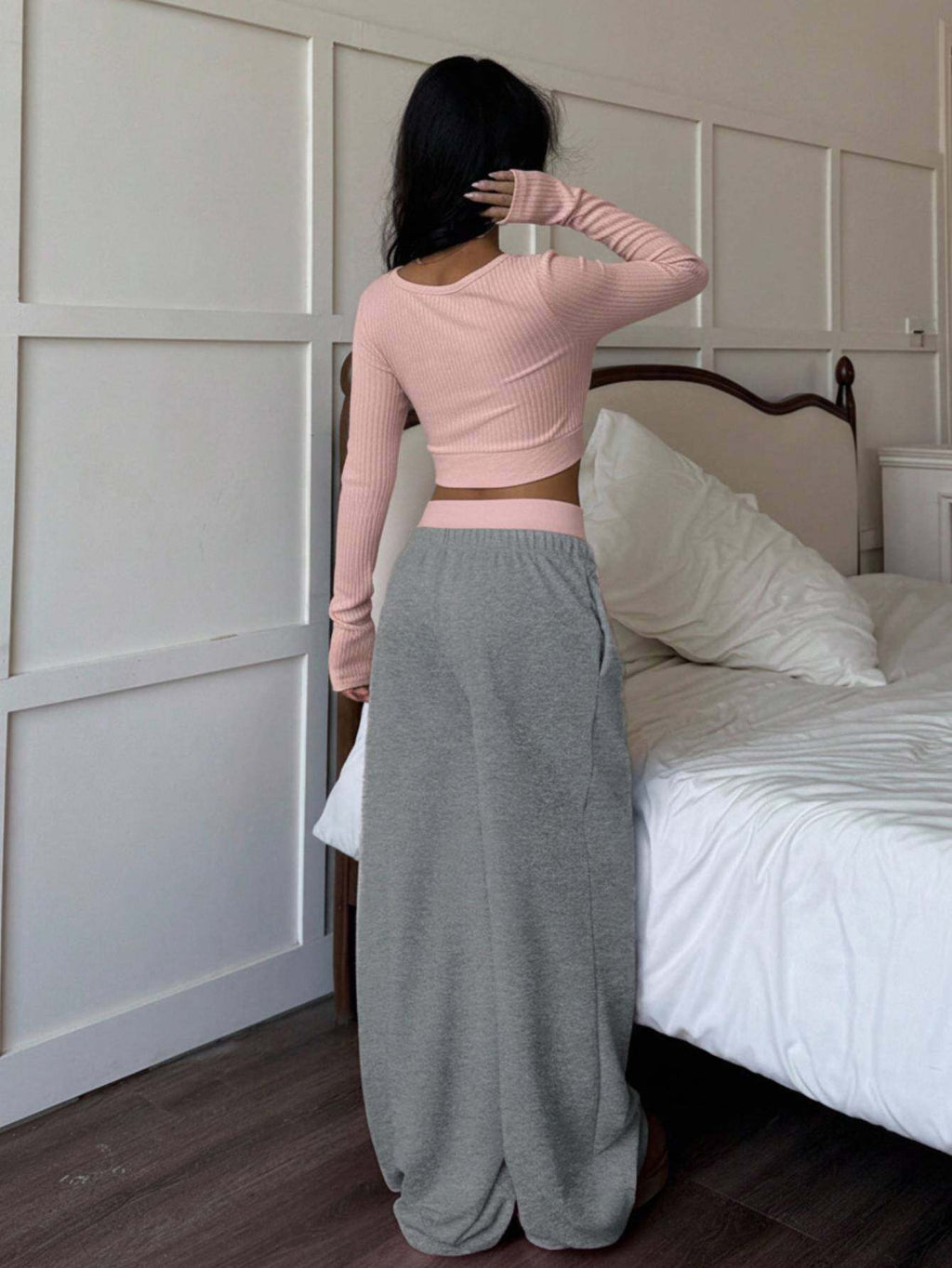 Cropped Long Sleeve Top and Wide Leg Pants 2 Piece Set for Women – White and Gray Casual Lounge Outfit, Fall Winter, Sizes S-XXL