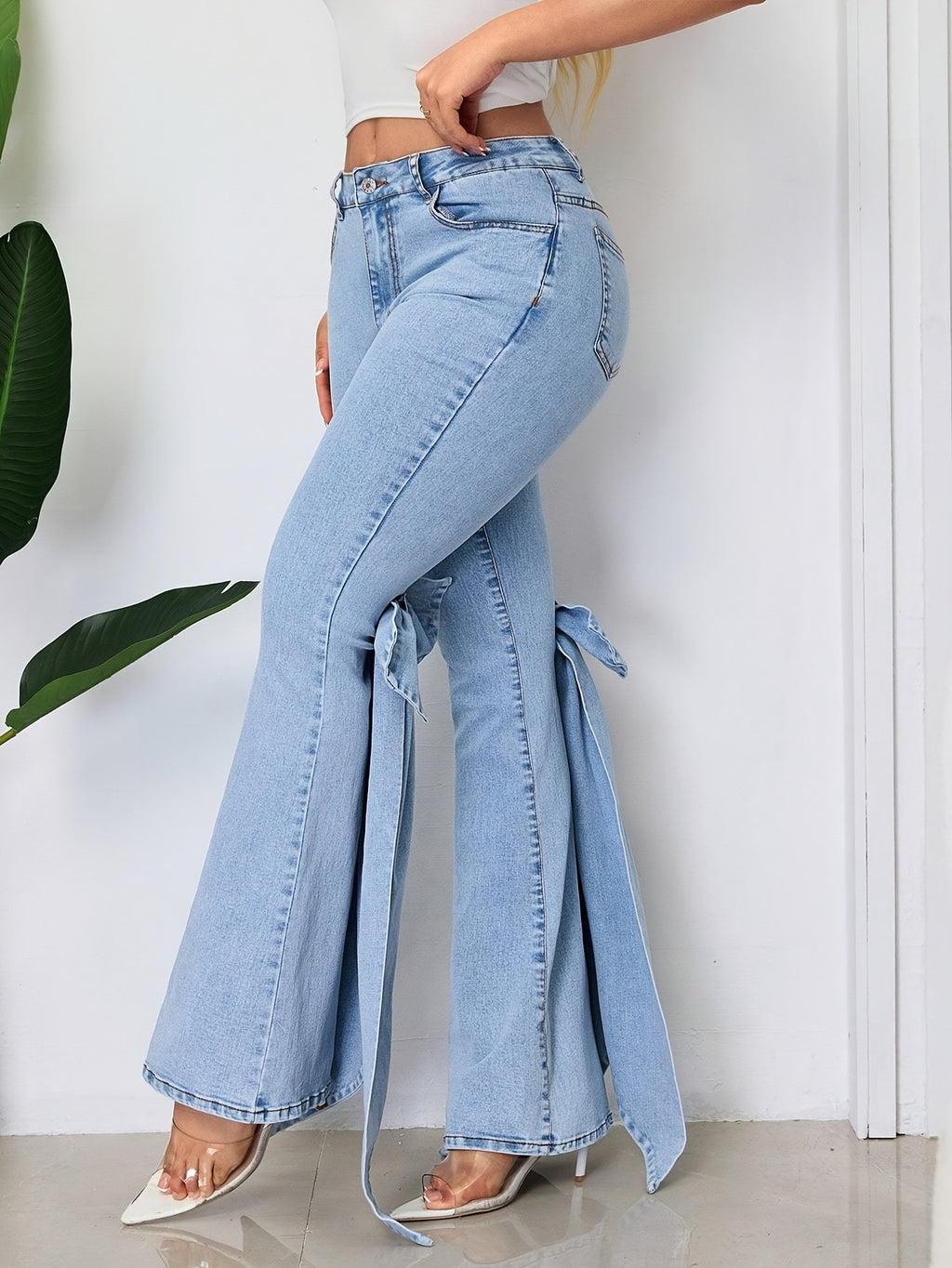 Bow Ribbon Flare Jeans Women Mid Rise Slim Fit Stretch Denim Light Blue Vintage Wash Casual All Season S-XXL