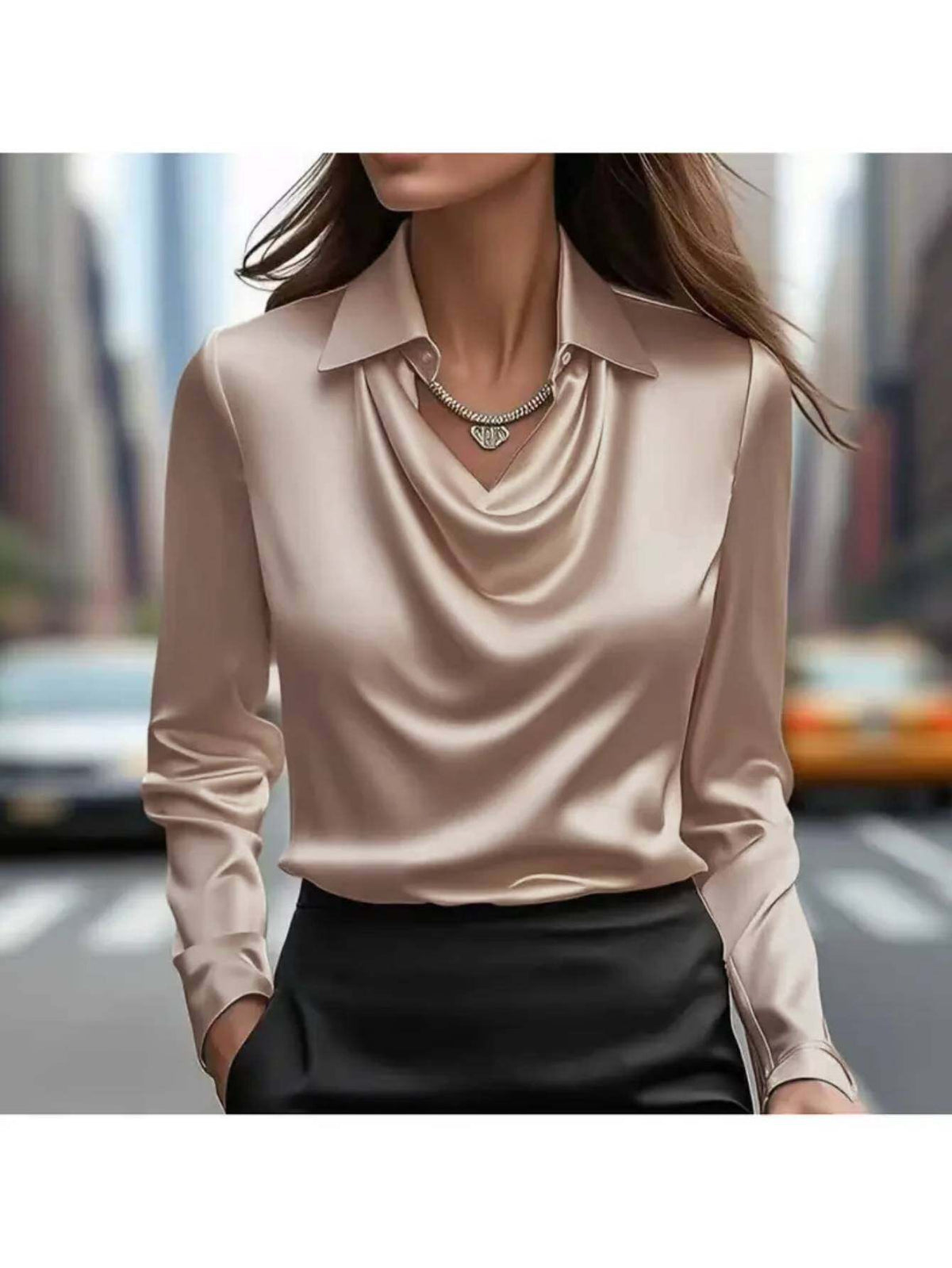 Women's Champagne Cowl-Neck Satin Blouse Silky Lapel Elegant Office Work Business Casual Top Fall Winter
