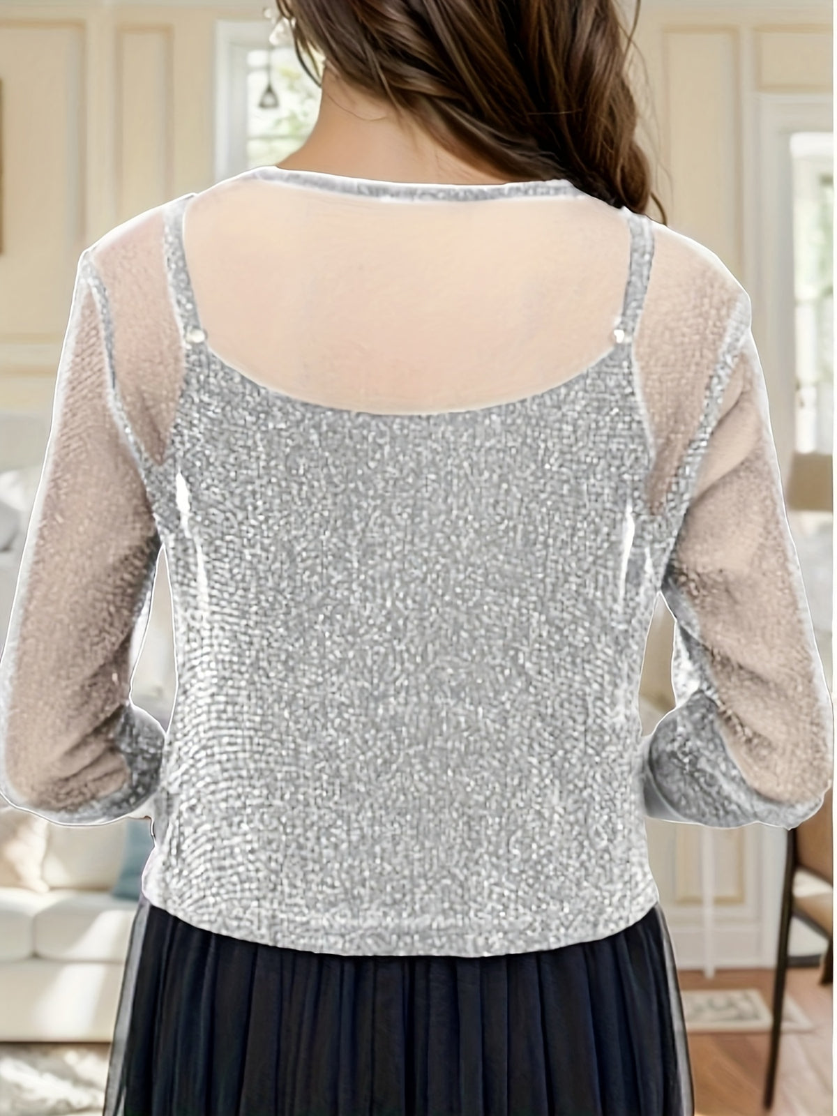 Metallic Halter Dress Women V-Neck Tie Belt Cropped Mesh Top with Shawl High Stretch Glam Evening Party Dress Silver Black S-XXL