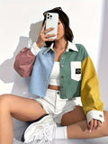 Color Block Letter Patch Off Shoulder Jacket for Women, Lapel Single-Breasted Spring Fall Coat, Trendy Streetwear Varsity Style Blazer, Casual Chic Outerwear
