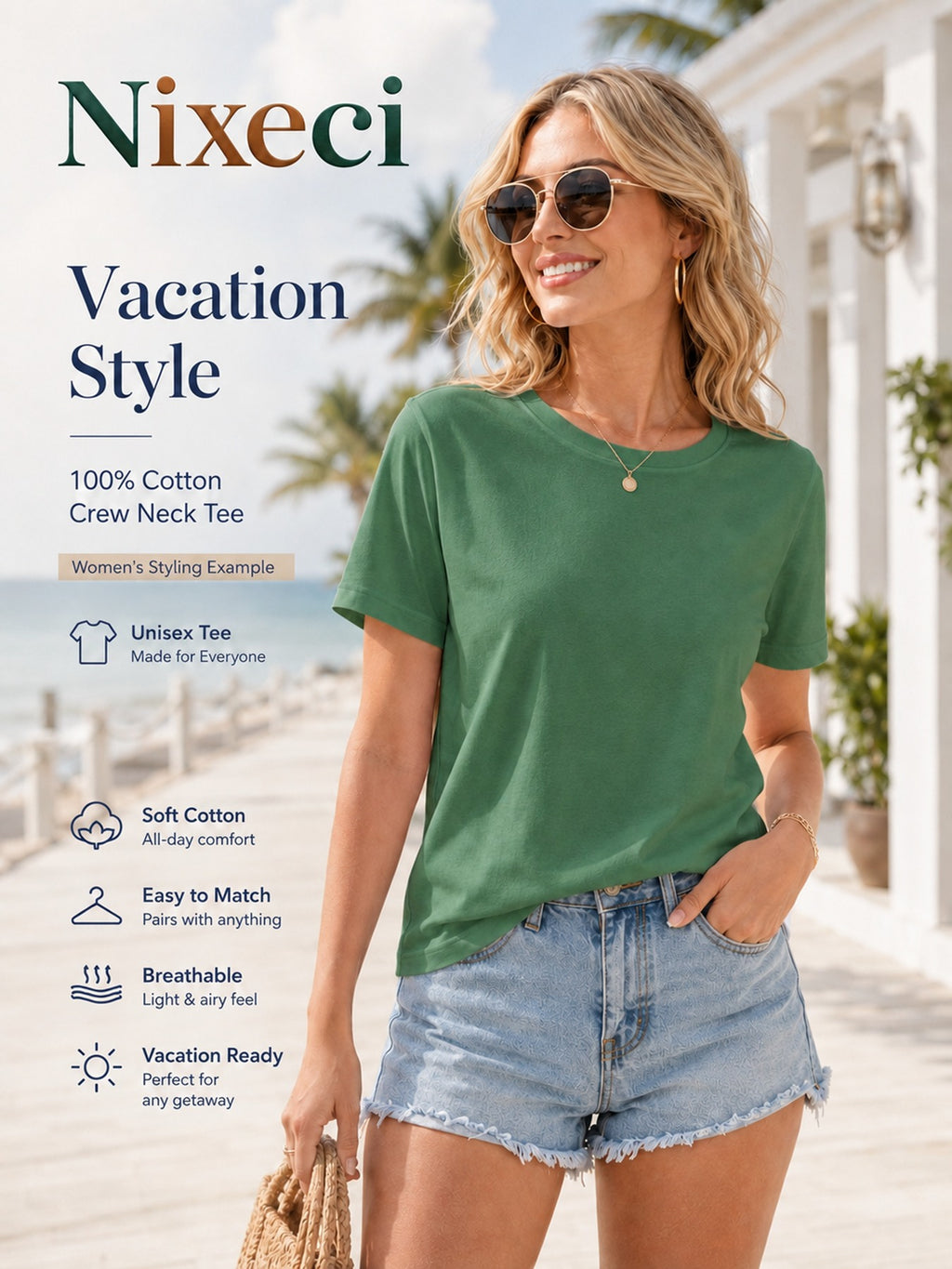 Tropical Palm Print T-Shirt for Women – Retro Hawaiian Coconut Tree Short Sleeve Crewneck Loose Beach Vacation Top, Casual Surfing Poolside Shirt
