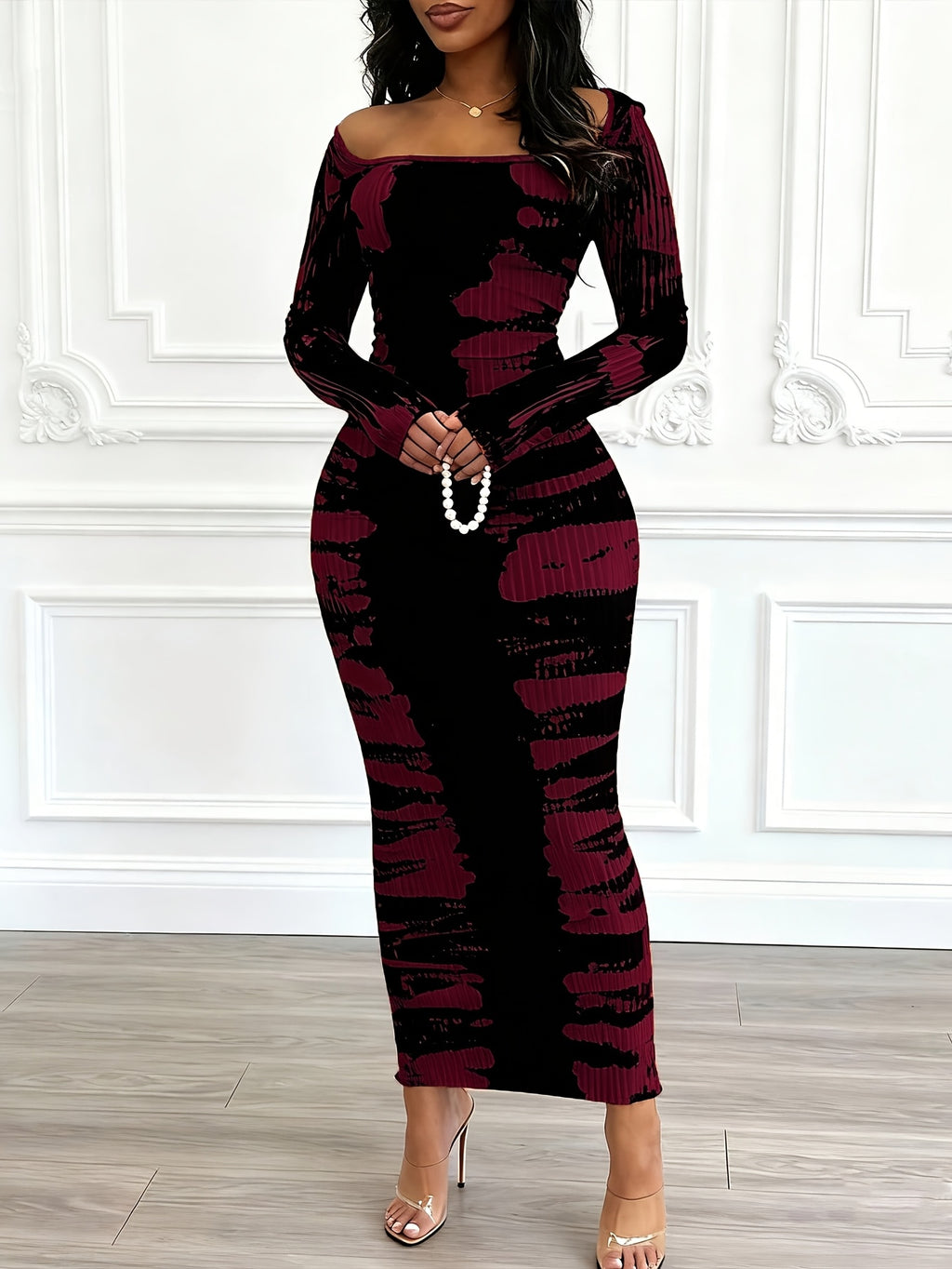 Tie-Dye Bodycon Maxi Dress Women Long Sleeve Ankle Length Contrasting Print Figure-Hugging Sexy Elegant Long Dress