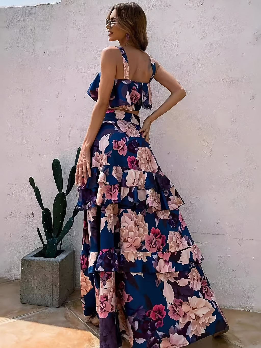 Boho Floral Print Halter Peplum Top and Cake Skirt 2pcs Set Women Beach Vacation Holiday Casual Spring Summer S-XXL