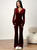Velvet Hooded Zipper Jumpsuit for Women Slim Fit Solid Color Casual Zip-Up One Piece Outfit Spring Fall Streetwear Red Black Blue Dark Brown