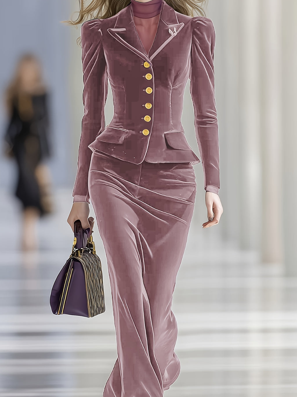 Women's Purple Velvet 2-Piece Suit Set Puff Sleeve Blazer and Maxi Skirt Elegant Autumn Winter Gala Dinner Evening Formal Outfit