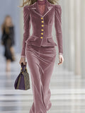 Women's Purple Velvet 2-Piece Suit Set Puff Sleeve Blazer and Maxi Skirt Elegant Autumn Winter Gala Dinner Evening Formal Outfit