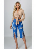 High Waist Ripped Denim Capri Shorts Women Distressed Fringe Side Slit Cropped Jean Pants White Black Light Blue