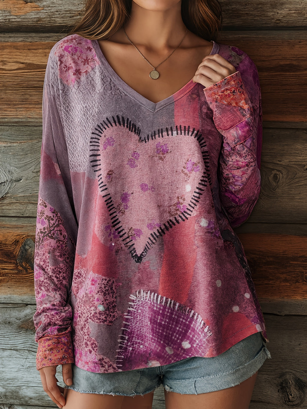 Heart Floral Patchwork Long Sleeve T-Shirt Women Vintage Retro V-Neck Loose Fit Casual Outdoor Fall Winter Top Soft Stretch Red S-XXL