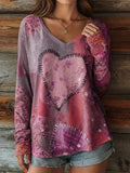 Heart Floral Patchwork Long Sleeve T-Shirt Women Vintage Retro V-Neck Loose Fit Casual Outdoor Fall Winter Top Soft Stretch Red S-XXL