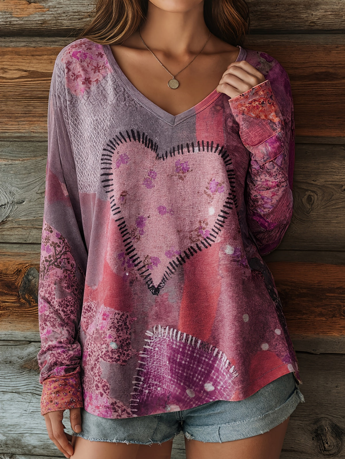 Heart Floral Patchwork Long Sleeve T-Shirt Women Vintage Retro V-Neck Loose Fit Casual Outdoor Fall Winter Top Soft Stretch Red S-XXL