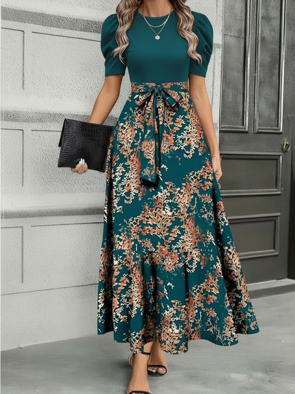Floral Cinched Waist Long Maxi Dress Women Crew Neck Fitted Elegant Casual Dress for Business Afternoon Tea S-XXL