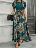 Floral Cinched Waist Long Maxi Dress Women Crew Neck Fitted Elegant Casual Dress for Business Afternoon Tea S-XXL