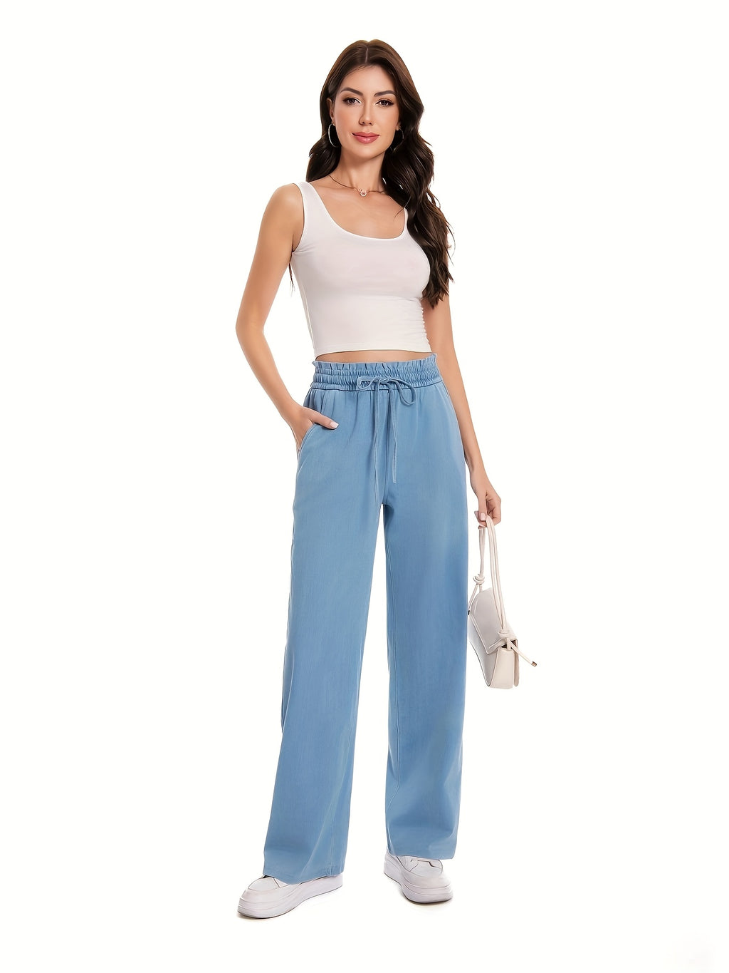 Women Denim Elastic Waist Wide Leg Pull-On Pants with Pockets Stretchy Casual Jean Pants Blue White S-XL