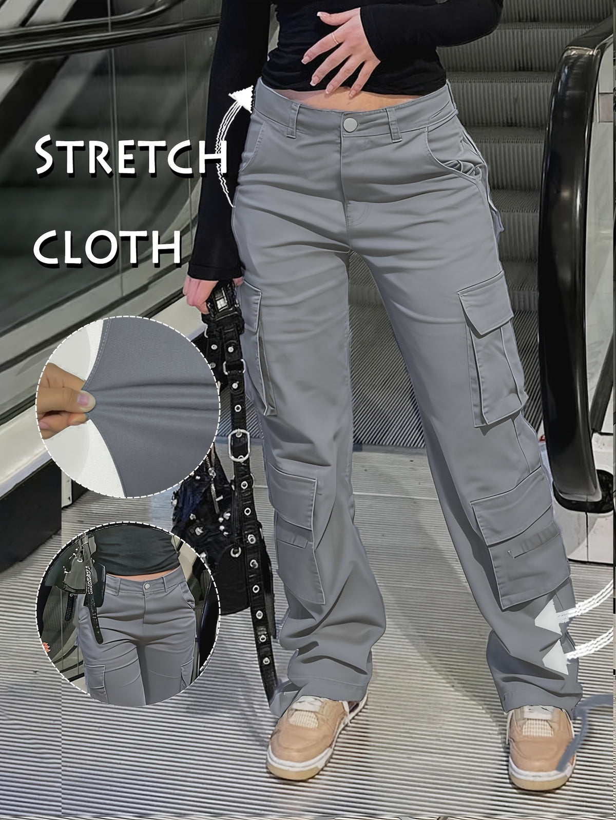 Y2K Retro Wash Women's Work Pants Multi-Pocket Casual Straight Leg Khaki Black Gray S-XXL