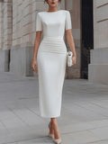 Bodycon Midi Mermaid Dress Women White Stretch Pleated Waist Zipper Back Formal Gown Short Sleeve S-XXL