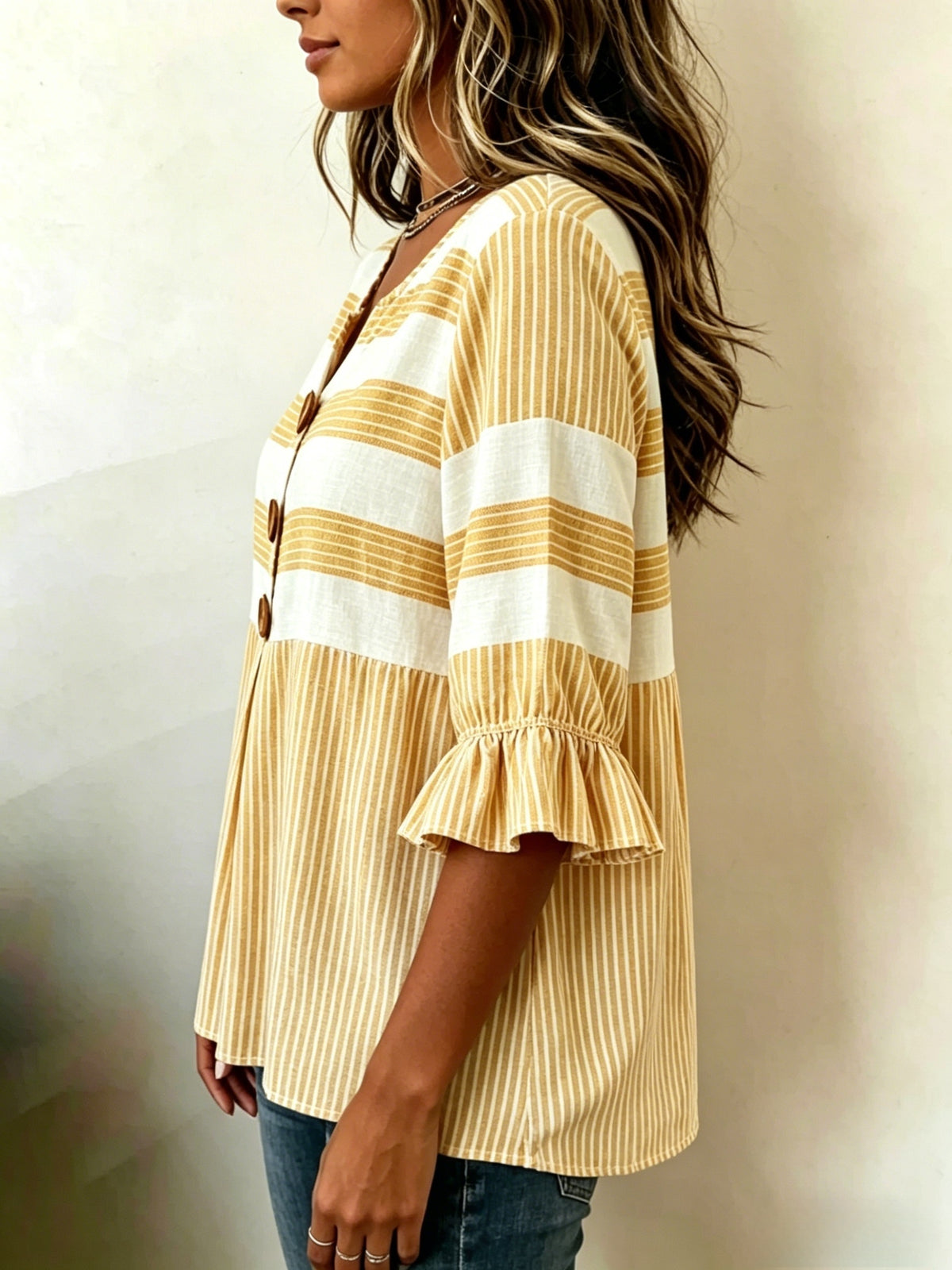 Striped V-Neck Blouse Women Ruffle 3/4 Sleeve Loose Fit Tunic Top Lightweight Linen Button Detail Summer Shirt S-2XL