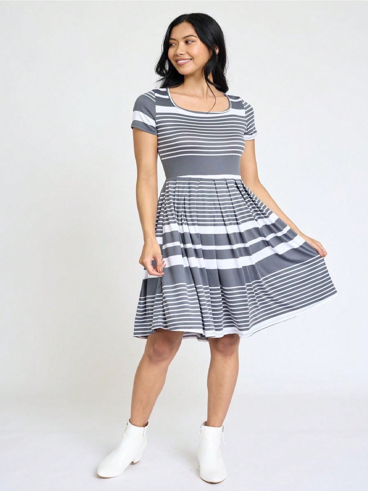 Paisley Floral Swing Dress Women Chevron Stripe Patchwork Pleated Square Neck Elastic Waist Midi Casual Plus Size S-3X