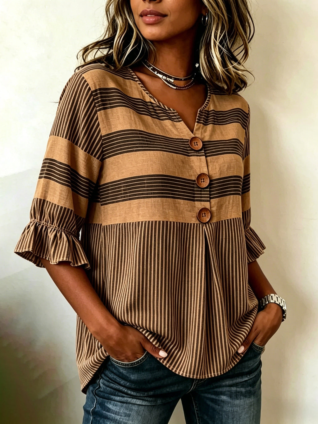 Striped V-Neck Blouse Women Ruffle 3/4 Sleeve Loose Fit Tunic Top Lightweight Linen Button Detail Summer Shirt S-2XL