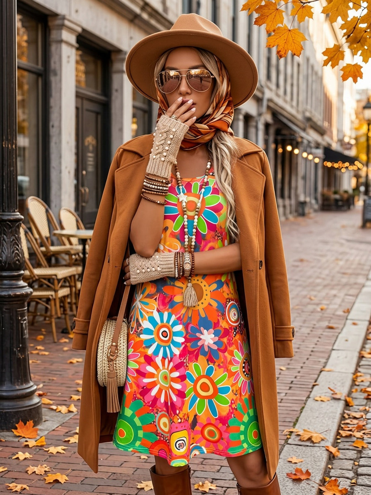 Vibrant Floral Print Sleeveless Dress Women Crew Neck Boho Casual Summer Vacation Dress | Knit Polyester Spring Summer