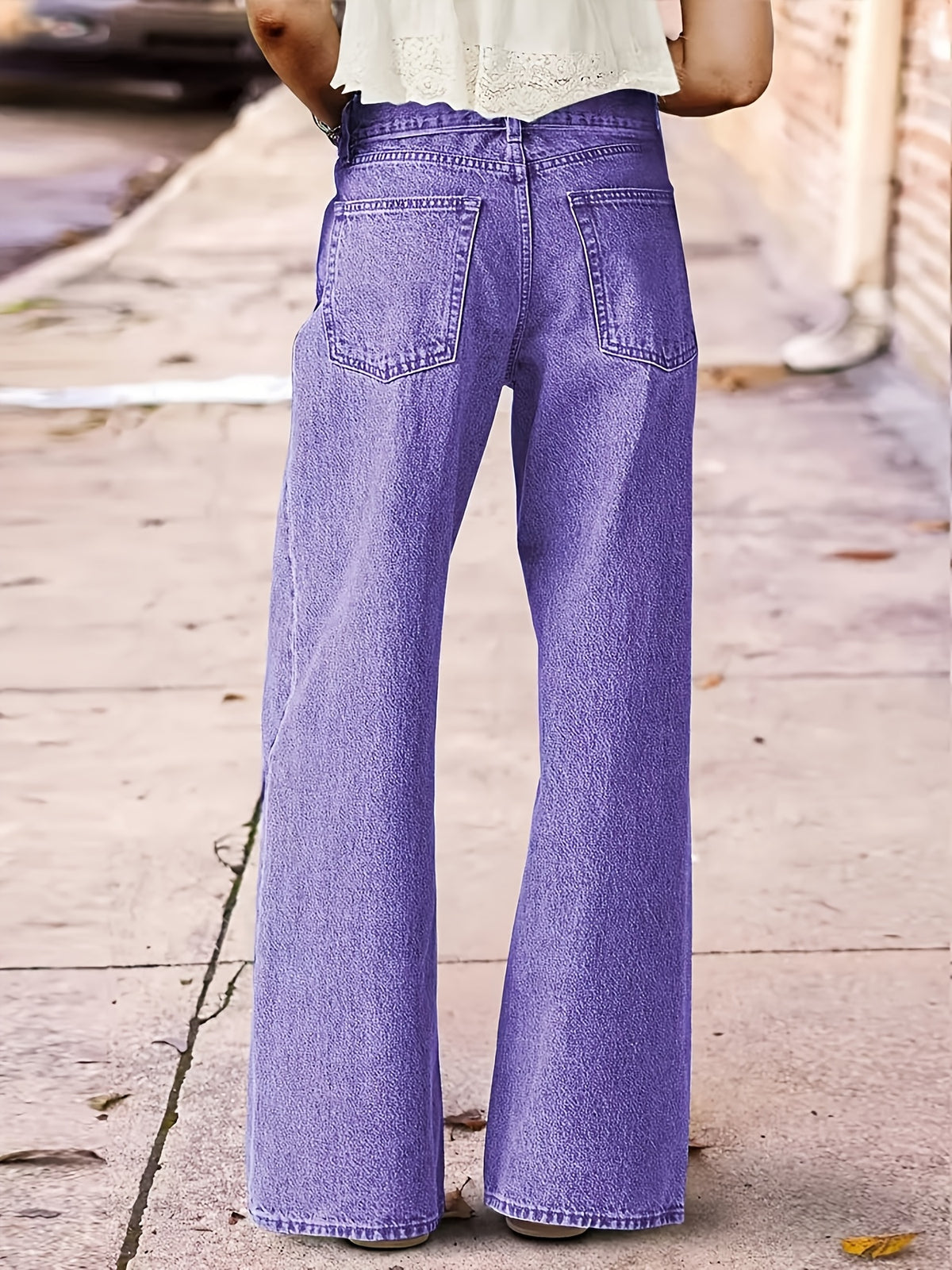 Women's High-Waisted Washed Embroidered Straight Leg Jeans Stretch Beltless Light Blue Purple All Season