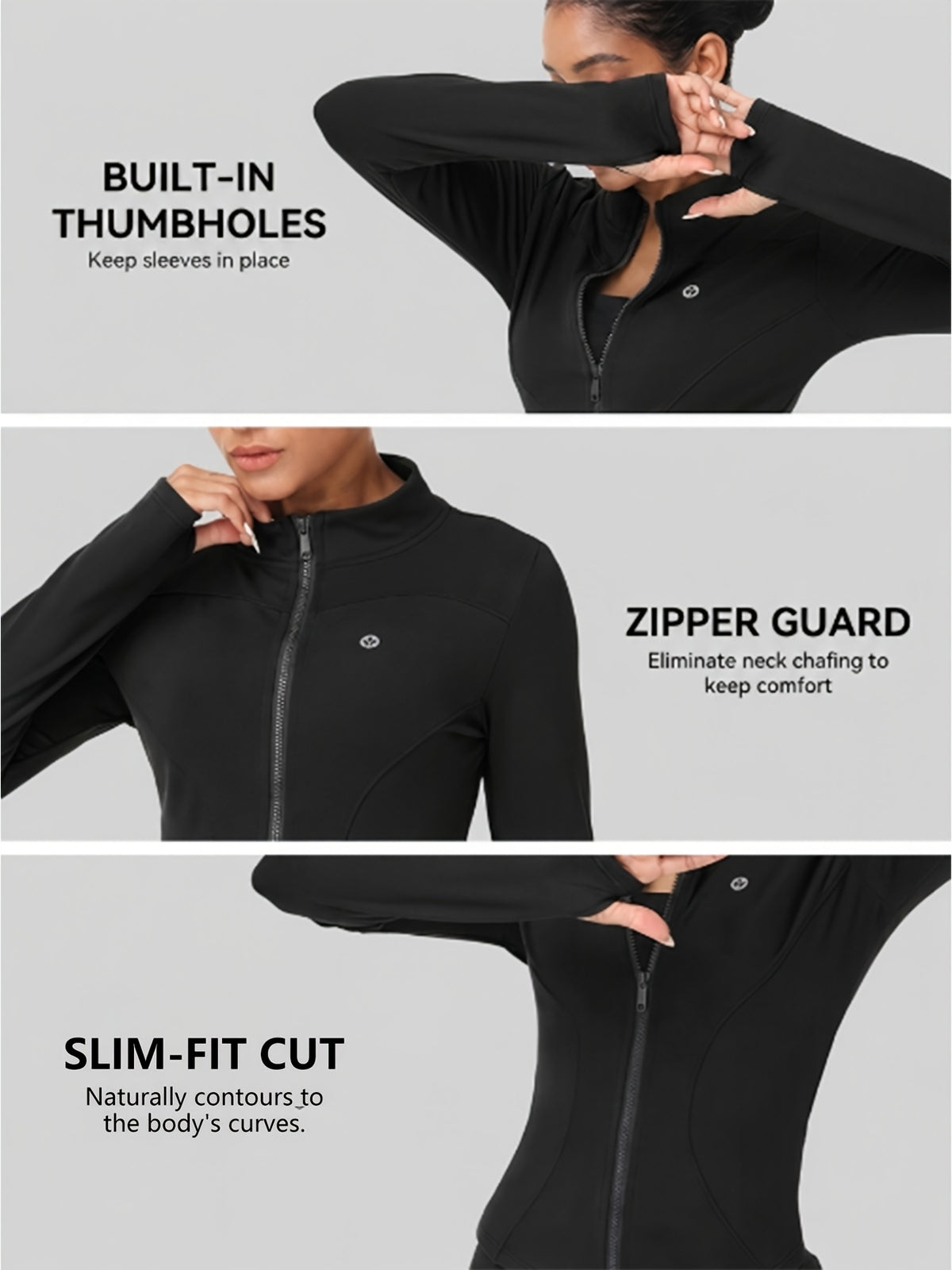 Women Zip Up Workout Jacket Thumb Holes Lightweight Moisture Wicking Slim Fit Sportswear Black Camel S-XL