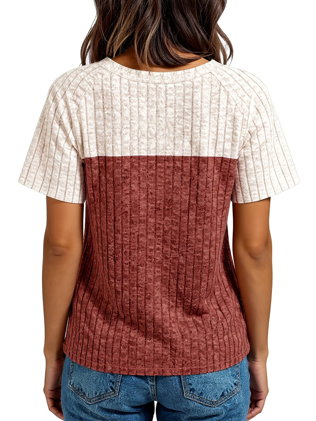 Two-Color Colorblock Pullover Top Women Round Neck Tie Button Short Sleeve Loose Casual Elegant Basic Shirt S-XXL