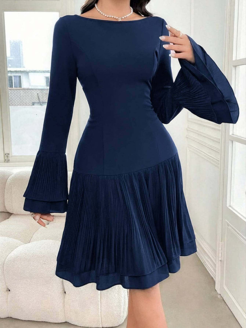 Bardot Neck Ruffle Sleeve Pleated Dress Women Elegant Vintage Party Cocktail Fall Winter Fitted Bodycon Burgundy Black S-L
