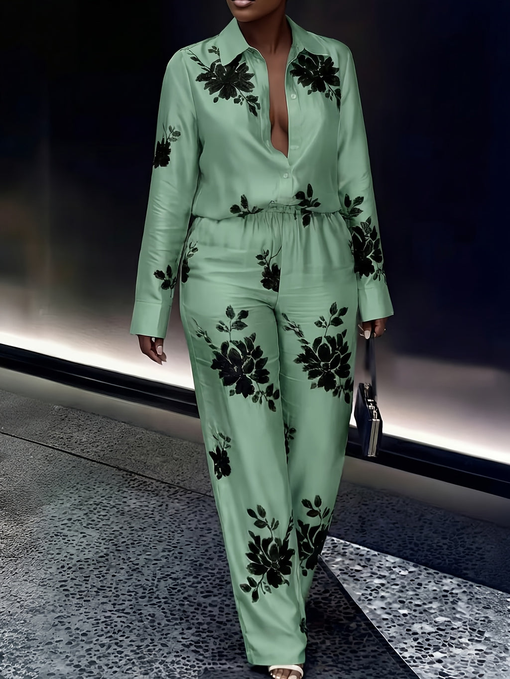 Women's 2 Piece Set Printed Long Sleeve Top & Wide Leg Pants Retro Socialite Style Evening Party Casual Matching Outfit