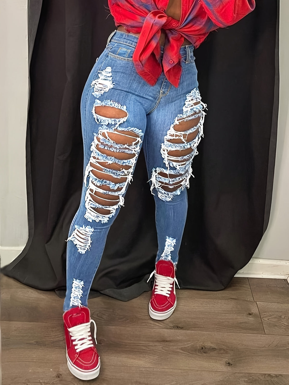 Distressed High Waist Jeans for Women Ripped Torn Frayed Elastic Denim Pants Skinny Fit Casual Streetwear Medium Dark Light Blue Grey White S-XXL