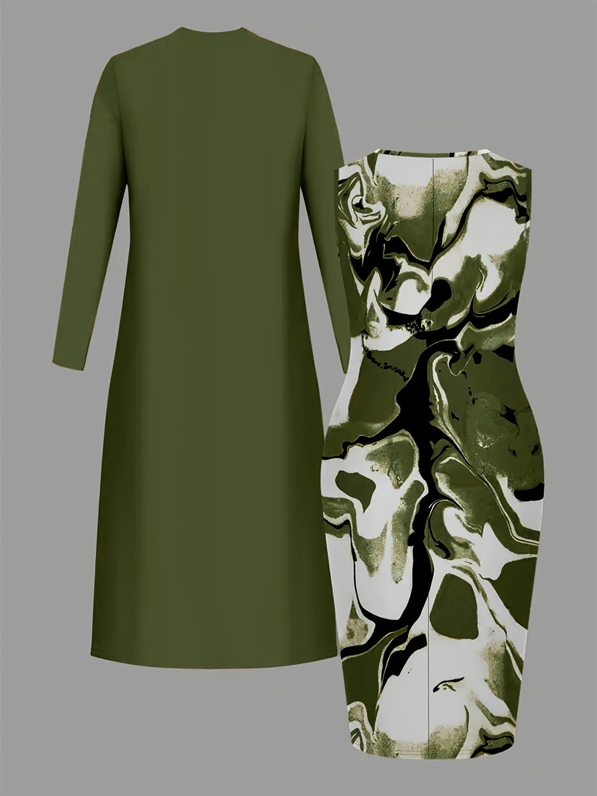 Khaki Cardigan & Marble Pencil Skirt Two-Piece Set Women | Long Cardigan + Gold-Brown Patterned Skirt Professional Work Outfit for Office Daily Outings