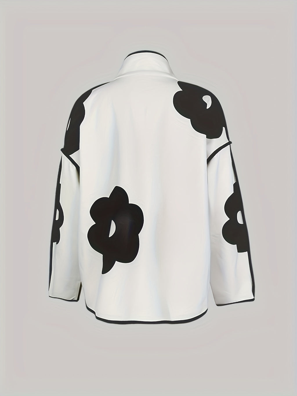 Floral Print Stand Collar Jacket for Women, Long Sleeve Contrast Color Loose Coat, Vintage Office Casual Fashion Outerwear for Spring Fall Winter, Black White